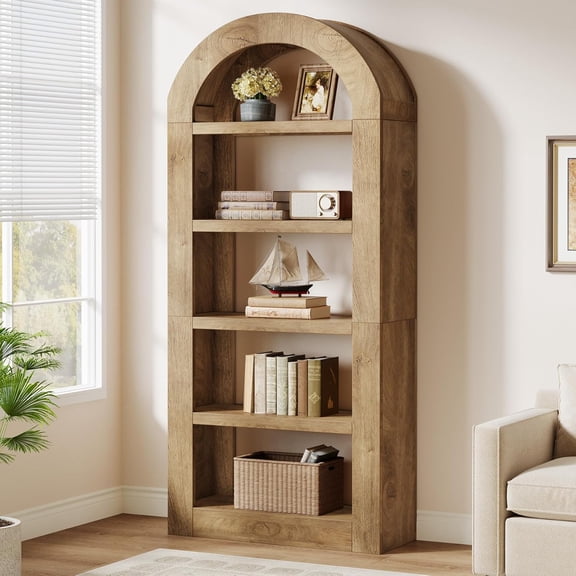 Fimind 5-Tier Tall Arched Bookshelf, 70.8" Farmhouse Wood Open Display Shelves for Home Office, Brown