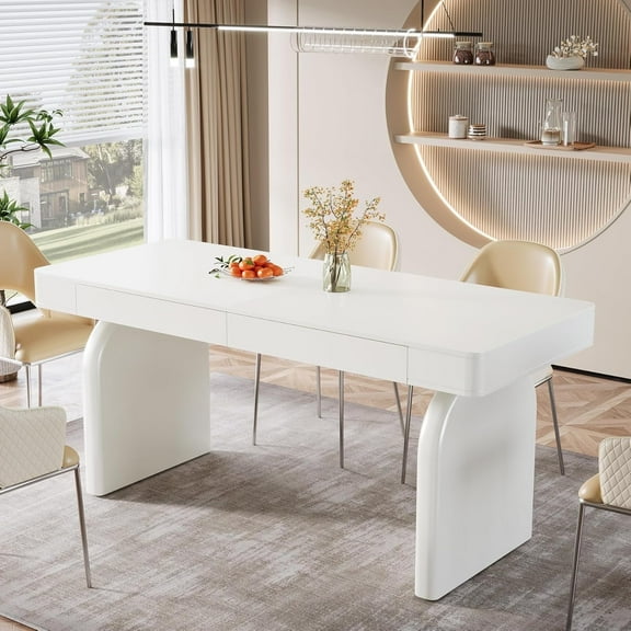 Fimind 63-inch Modern Dining Table, Rectangular Glossy White with 2 Storage Drawers, Contemporary Furniture for Kitchen and Dining Room