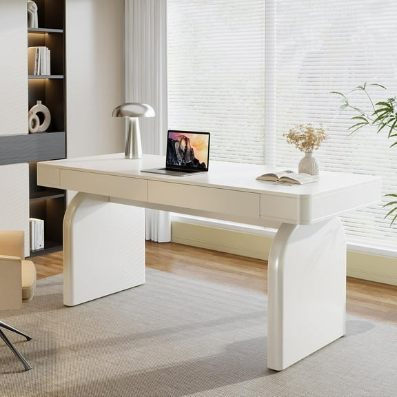 Finmind 63-Inch White Desk with Drawers, Modern Glossy Executive Office Desk, Elegant Writing Computer Table for Home Office or Study, Cream White