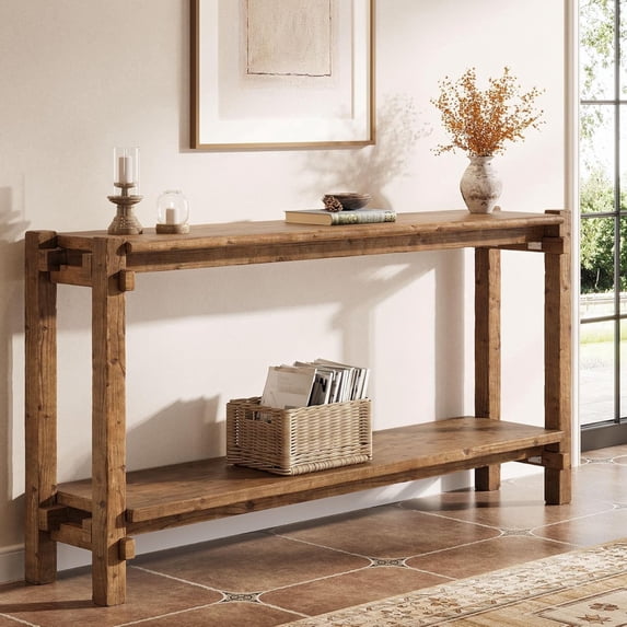 Finmind 63" Solid Wood Console Table, Farmhouse Entryway Table with 2-Tier Storage Shelf, Narrow Long Sofa Table Behind Couch for Living Room, Hallway, Entrance, Brown