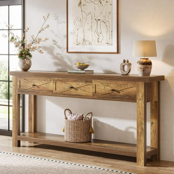 Fimind 70.9" Console Table with 3 Drawers, Extra-Long Farmhouse Entryway Table with Storage Shelf, Narrow Sofa Table Behind Couch for Hallway, Living Room, Foyer, Rustic Brown
