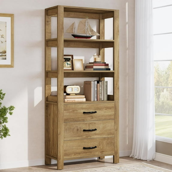 Fimind 70.9" Tall Bookshelf, Wood Bookcase with Shelf and Drawer for Home Office, Brown