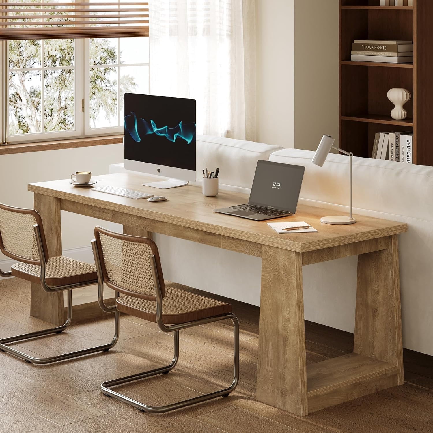 Finmind 86.6" Double Office Desk for 2, Extra Long Computer Desk Workstation with Large Wood Tabletop, Two Person Gaming Desk for Home Office, Natural Oak