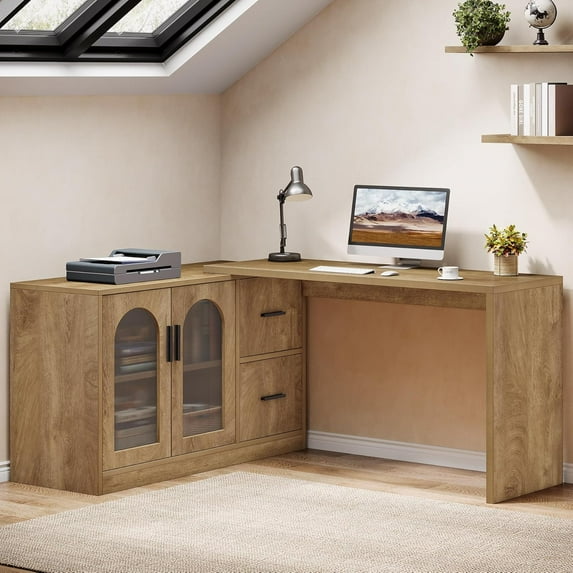 Fimind L-Shaped Computer Desk with File Drawers, Reversible Corner Office Desk with Storage Cabinet, Farmhouse Executive Desk for Home Office, Brown