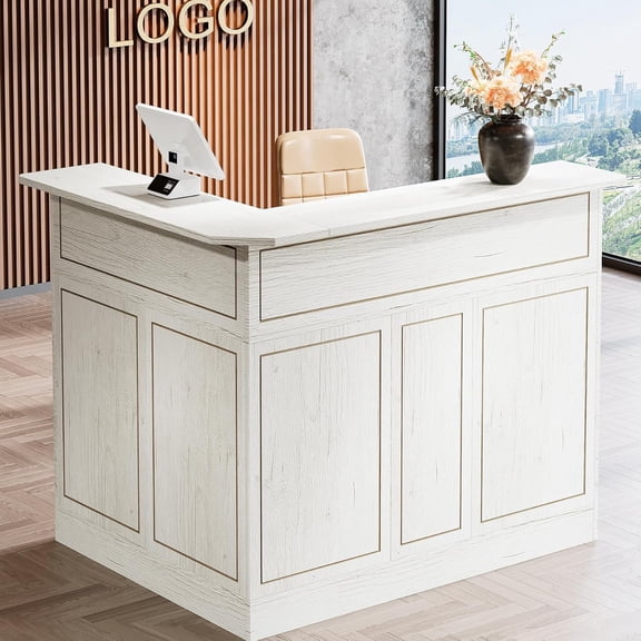 Finmind L-Shaped Reception Desk with Storage Shelves, Modern Front Desk Counter Table for Office, Salon, Retail Checkout, White Reception Counter with Open Storage for Small Spaces