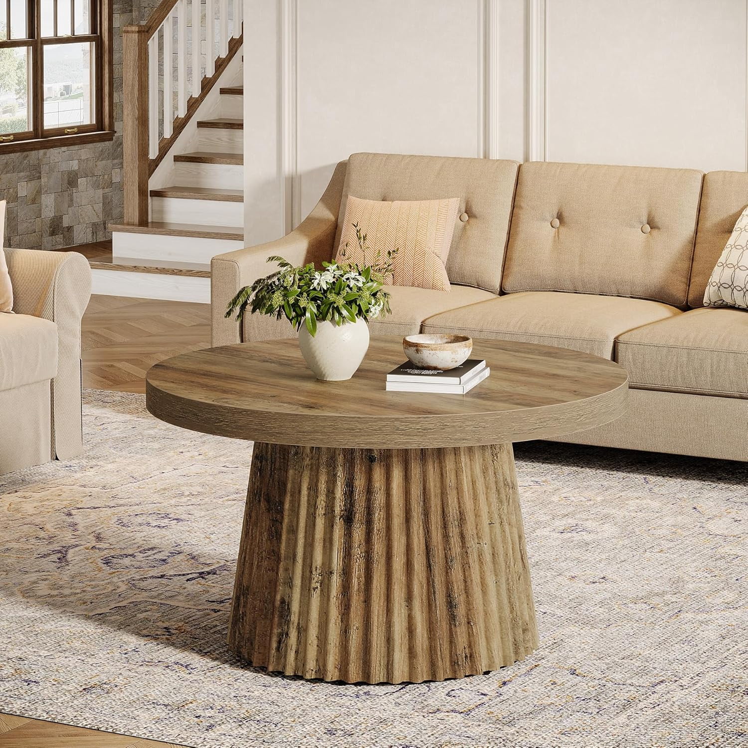 Finmind 31.5" Round Coffee Table, Farmhouse Drum Table with Fluted Base for Living Room, Brown