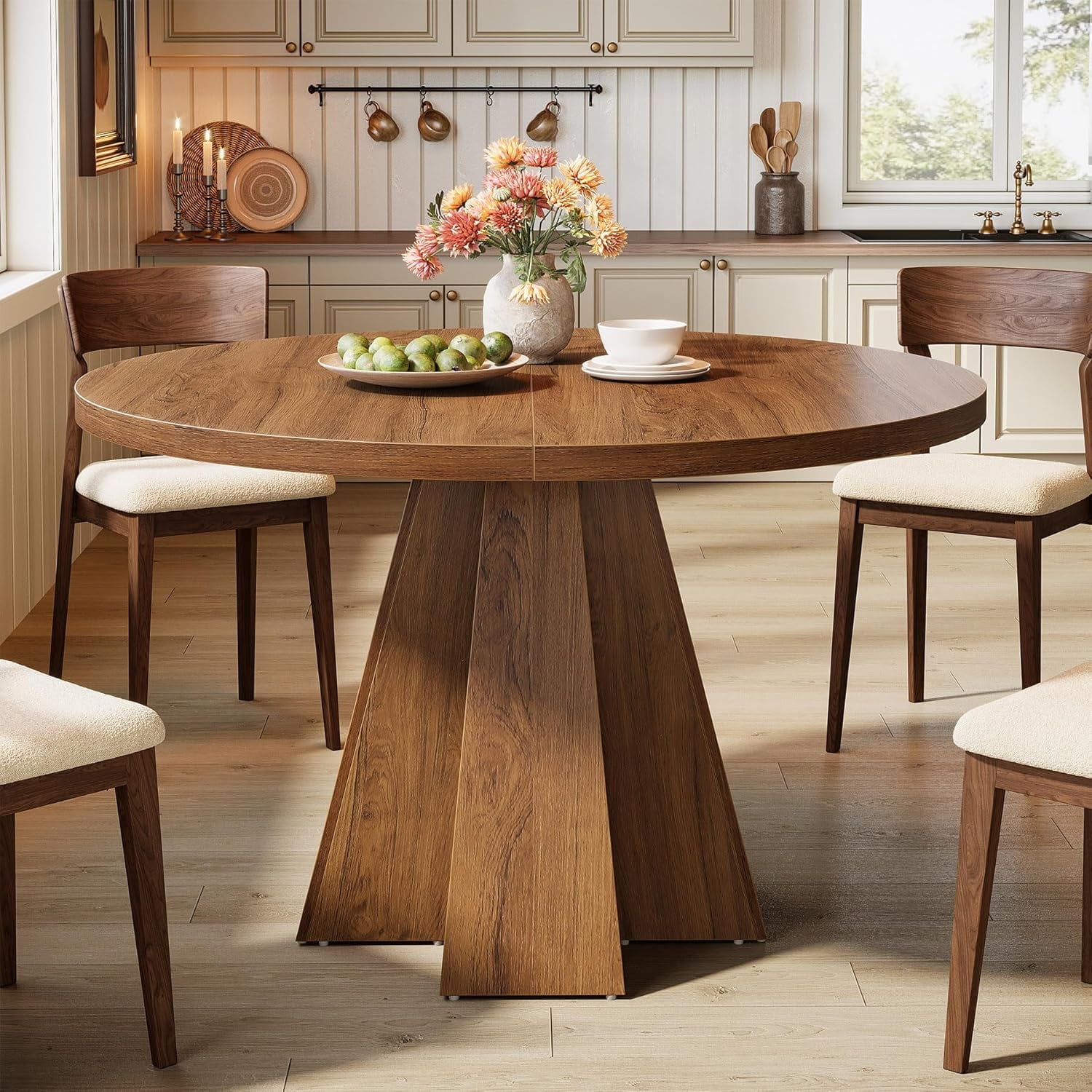 Fimind Round Dining Table for 4, 39.4" Farmhouse Pedestal Table, Space ...