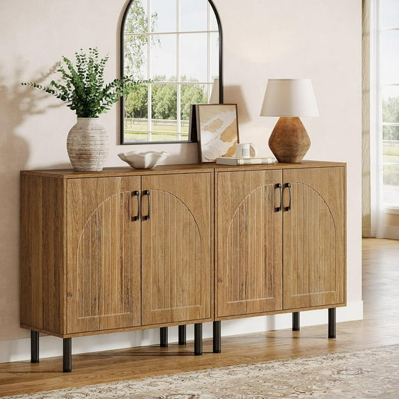 Finmind Sideboard Buffet Cabinet Set of 2, 59" Farmhouse Accent Storage Cabinets with Doors & Adjustable Shelves for Kitchen, Living Room, Entryway, Rustic Brown
