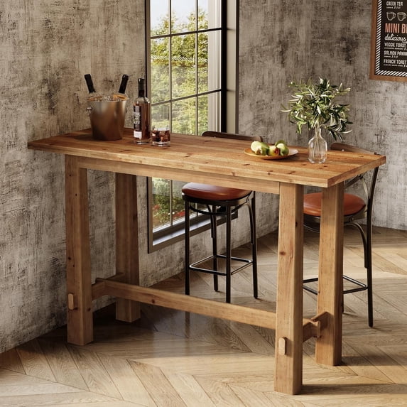 Finmind Solid Wood Bar Table, 63" Rustic Brown High Top Pub Table for Kitchen, Home Bar, Café, or Restaurant Use