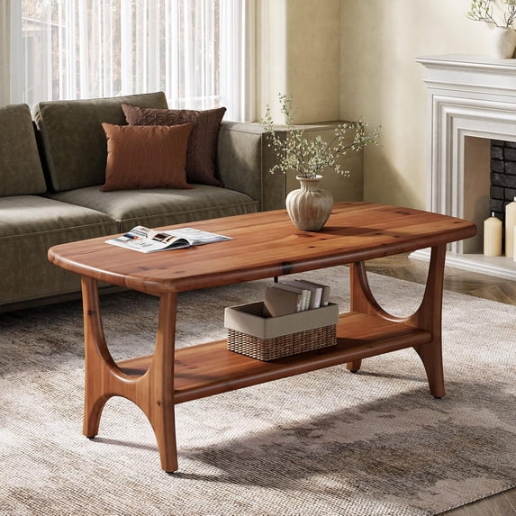 Fimind Solid Wood Coffee Table, 47.24" Mid-Century Modern Rectangle Center Table with 2-Tier Storage Shelf for Living Room, Small Space