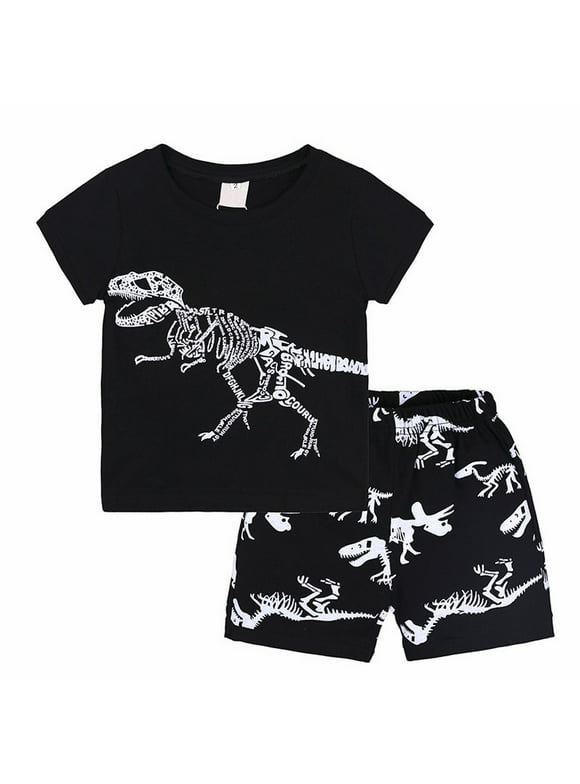 Fimkaul Boys Outfits Set Children's Summer Cartoon Dinosaur Print Short Sleeved Shorts Two Piece ' Casual T Shirt Clothes Set Baby Clothes Black