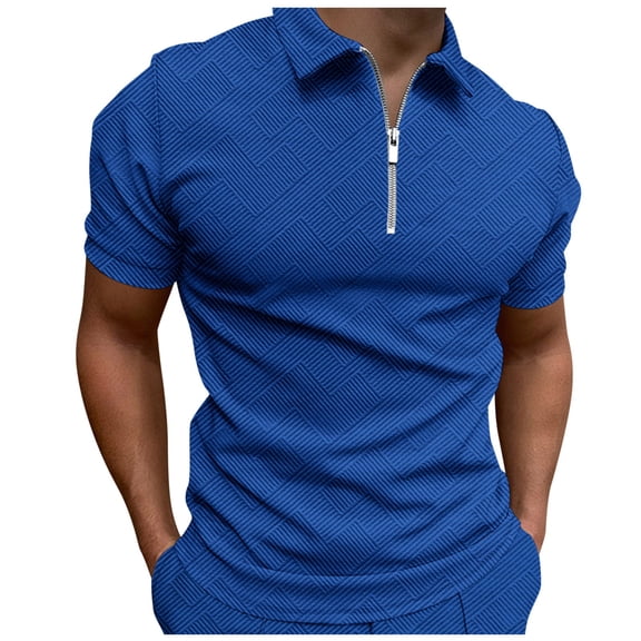 Fimkaul Casual Polo Shirts for Men Male Spring And Summer Cotton Jacquard Top Solid Geometric Print Lapel Zipper Top Short Sleeve Shirt Tops Blue 3XL