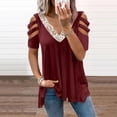 thumbnail image 1 of Fimkaul Casual T Shirts for Women Stripe Stitching Lace Tunic V-Neck Causal Short Sleeve Blouse T-Shirt Tops Wine L, 1 of 6