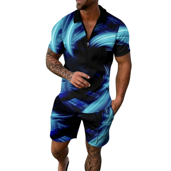 Fimkaul Mens Summer 2 Piece Outfits Short Sets 3D Suit Shorts Beach Tropical HawaiianSS Body Sports Shorts Suit Sports Suit Short Sleeve Tracksuits Sky Blue L