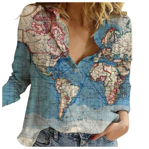 Fimkaul Women's Button Down Shirts Long Sleeve Casual Tops Lapel Shirt World Map Print Loose Blouse Blue M