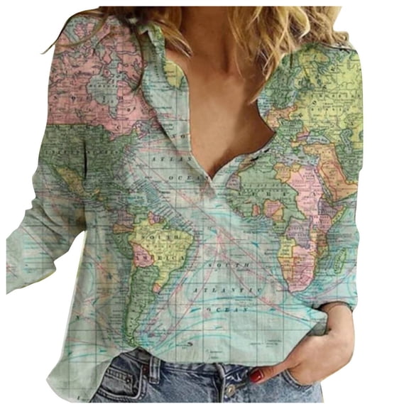 Fimkaul Women's Button Down Shirts Long Sleeve Casual Tops Lapel Shirt World Map Print Loose Blouse Green M