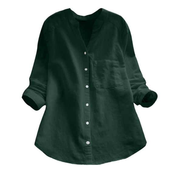 Fimkaul Women's Button Down Shirts Long Sleeve Casual Tops Linen Cotton linen Solid Shirt Blouse Green 2XL
