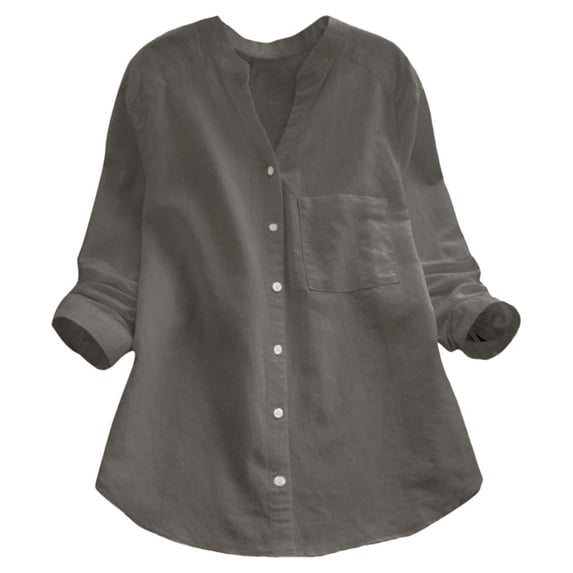 Fimkaul Women's Button Down Shirts Long Sleeve Casual Tops Linen Cotton linen Solid Shirt Blouse Grey S