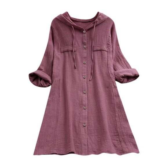 Fimkaul Women's Button Down Shirts Long Sleeve Casual Tops Linen Plus Size Cotton Tee Shirt Hooded Pocket Loose Blouse Pink 5XL