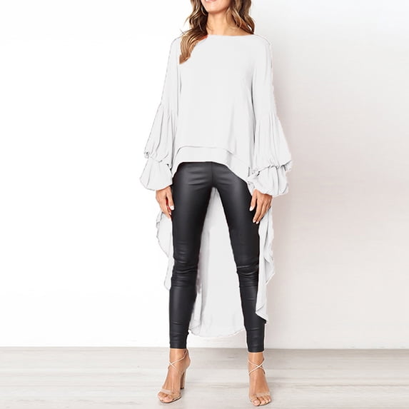 Fimkaul Women's Button Down Shirts Long Sleeve Casual Tops Pullover Chiffon Shirt Irregular Chiffon Blouse White L