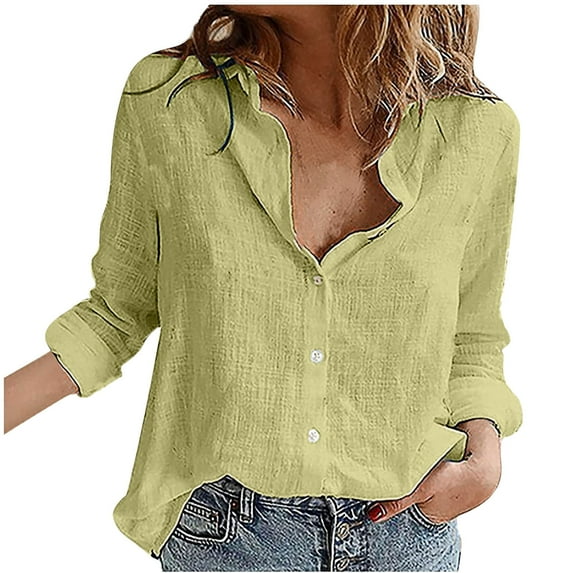 Fimkaul Women's Button Down Shirts Winter Fall Long Sleeve Casual Tops Fashion Loose Linen Solid Lapel Blouse Green L
