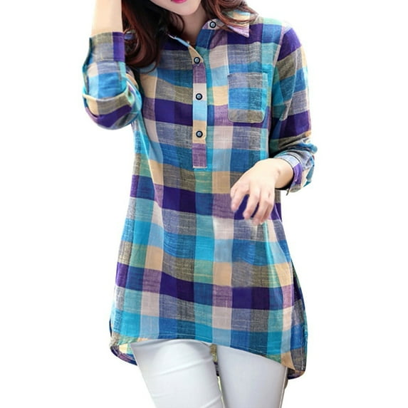Fimkaul Women's Button Down Shirts Winter Fall Long Sleeve Casual Tops Matching Loose Plaid Top Blouse Blue L