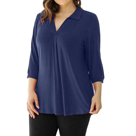 Fimkaul Women's Button Down Shirts Winter Fall Plus Size Long Sleeve Casual Tops V Neck Solid Tunic Blouse Blue 4XL