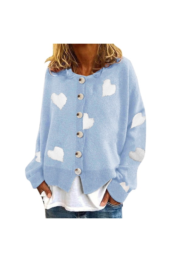 Women's Cardigan Sweaters Winter Fall Long Sleeve Casual Tops Knitwear Single-breasted Love Knit Sweater Coats Sky Blue M