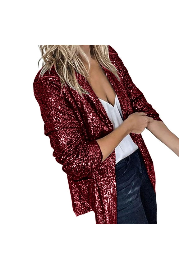 Women's Cardigan Winter Fall Long Sleeve Casual Tops Sequins Glitter Party Shiny Lapel Rave Outerwear Open Front Jacket Coat Red XL