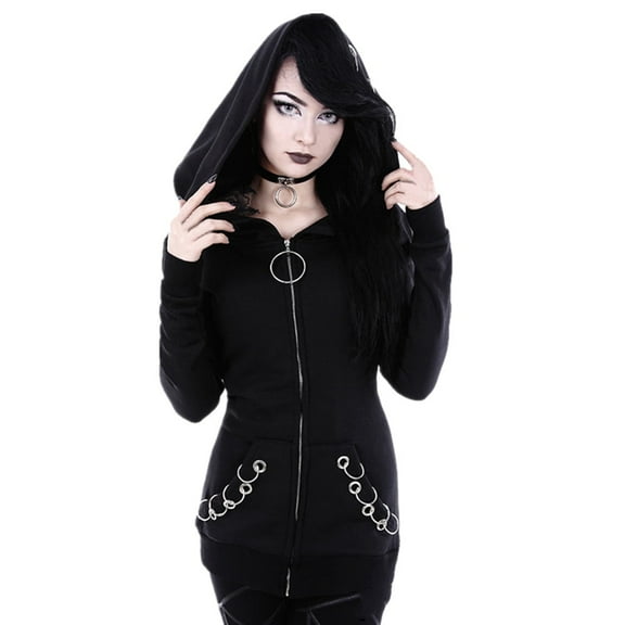 Fimkaul Women's Jacket Coats Winter Fall Plus Size Long Sleeve Casual Tops Loose Gothic Punk Hooded Solid Black Cardigan Coat Black XL