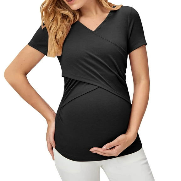 Fimkaul Women's Maternity Blouse Ribbed Tee Shirt Short Sleeve V Neck Basic Nursed T Shirt For Breastfeeding Casual Tops Baby Clothes Black