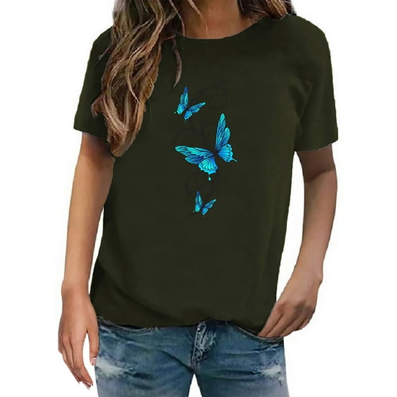 Fimkaul Women's Shirts Plus Size Short Sleeve Casual Tops Fashion Trend Butterfly Print Round Neck Top T-Shirts Army Green L