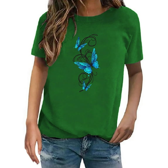 Fimkaul Women's Shirts Plus Size Short Sleeve Casual Tops Fashion Trend Butterfly Print Round Neck Top T-Shirts Green M