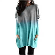 Fimkaul Women's Shirts Winter Fall Long Sleeve Casual Tops Gradient Printed Round Neck Batwing Sleeve Pockets Loose Long Pullover T-Shirts Blue L