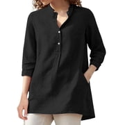 Fimkaul Womens Shirts Winter Fall Long Sleeve Casual Tops Printed Fashion V Neck Rollable Single Breasted Shirt T-Shirts Black L