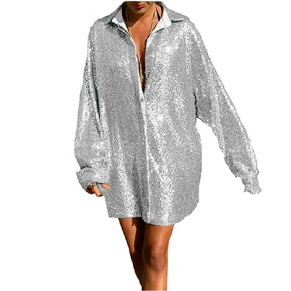 Fimkaul Women's Shirts Winter Fall Long Sleeve Casual Tops V Neck Loose Sequin Soild Fold Navel Long Blouse T-Shirts Silver L
