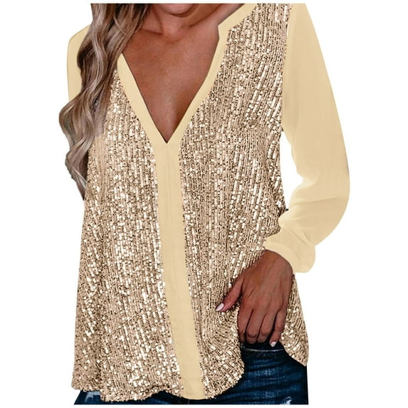 Fimkaul Women's Shirts Winter Fall Long Sleeve Casual Tops V-neck Sequin Soild Fold Navel Blouse T-Shirts Gold L