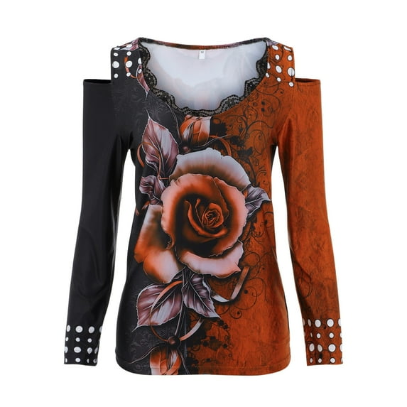 Fimkaul Women's Shirts Winter Fall Plus Size Long Sleeve Casual Tops Floral Printed Shoulder Blouse Tees T-Shirts XXL