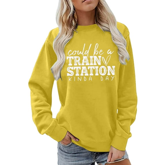 Fimkaul Women's Sweatshirt Hoodies Winter Fall Long Sleeve Casual Tops Fashion Letter Could Be A Train Station Kind Day Print Crew Neck Pullover Sweatshirts Yellow XXL
