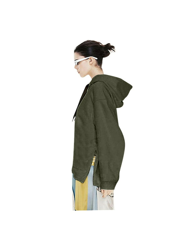 Fimkaul Women's Sweatshirt Hoodies Winter Fall Long Sleeve Casual Tops Hooded Solid Plush Medium Length Sweatshirts Army Green L