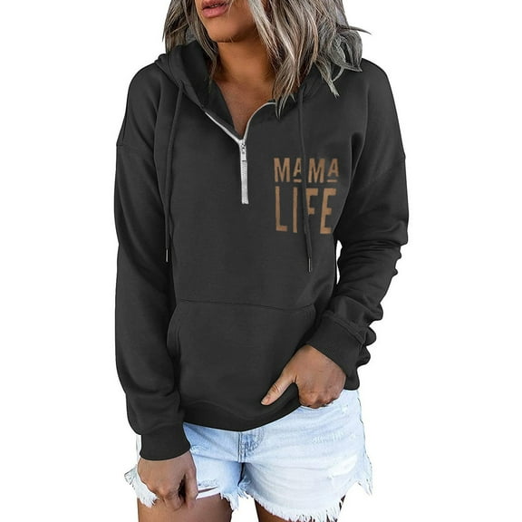 Fimkaul Women's Sweatshirt Hoodies Winter Fall Long Sleeve Casual Tops MAMA LIFE Prints Zipper Pullover Clothes With Pocket Sweatshirts Black XL