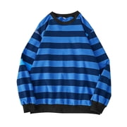 Fimkaul Womens Sweatshirt Long Sleeve Casual Tops Fall Winter Round Neck Stripe Tops Blouse Pullover Sweater Blue XL