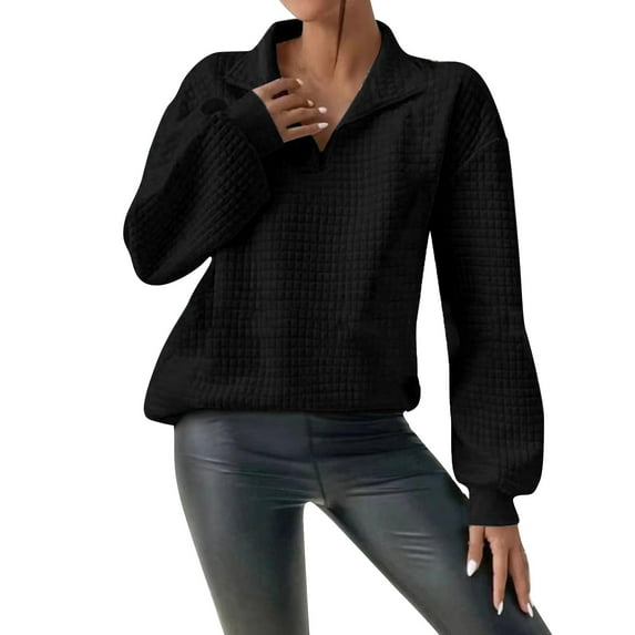 Fimkaul Women's Sweatshirt Long Sleeve Casual Tops Solid Plaid Fabric Contrast Belt Pocket Fashion High Neck Button Pullover Sweater Black M