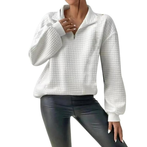 Fimkaul Women's Sweatshirt Long Sleeve Casual Tops Solid Plaid Fabric Contrast Belt Pocket Fashion High Neck Button Pullover Sweater White S