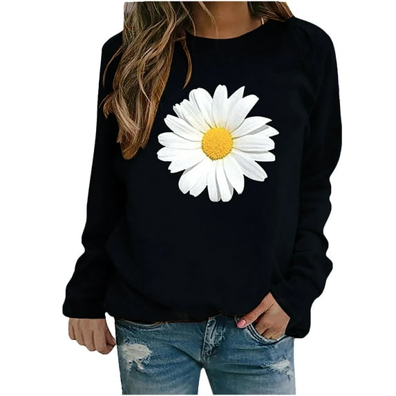 Fimkaul Women's Sweatshirt Long Sleeve Casual Tops Winter Tops Daisy Print Blouse Tee Pullover Sweater Black 2XL
