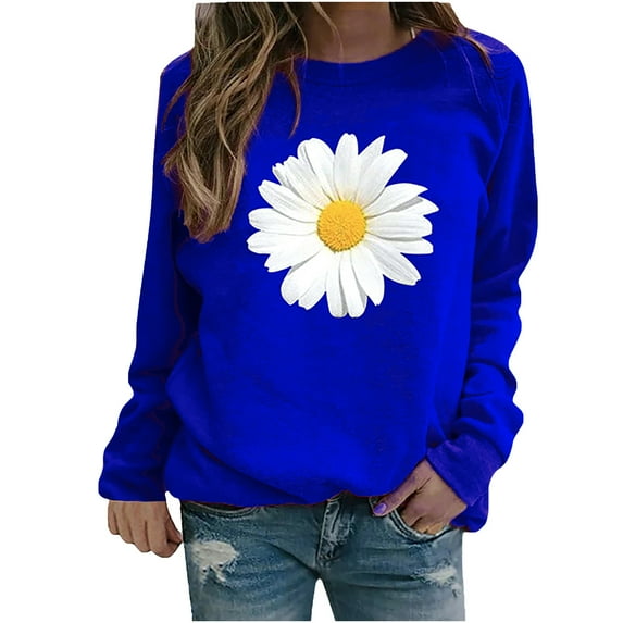 Fimkaul Women's Sweatshirt Long Sleeve Casual Tops Winter Tops Daisy Print Blouse Tee Pullover Sweater Blue L