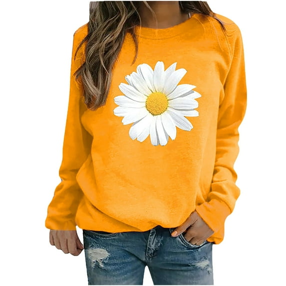 Fimkaul Women's Sweatshirt Long Sleeve Casual Tops Winter Tops Daisy Print Blouse Tee Pullover Sweater Yellow 2XL