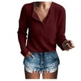 thumbnail image 1 of Fimkaul Women's T Shirts Long Sleeve Casual Tops Knit Tunic Loose Button Up V Neck Shirts Blouse T-Shirt Wine Red L, 1 of 6