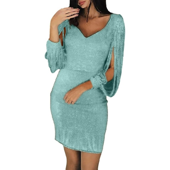 Fimkaul Women's Wedding Guest Dresses Long Sleeve V-Neck Winter Fall Tight Sequins Nightclub Skirt Fashion Cocktail Dress Green M