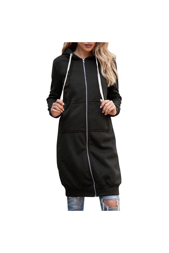 Women's Winter Coats Long Sleeve Casual Tops Fashion Solid Cardigan Hooded Mid Length Jackets Coat Black 5XL
